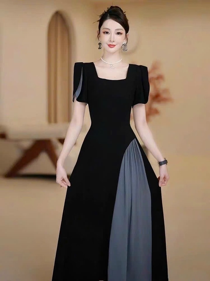 Đầm lụa xòe cổ chữ U phối màu