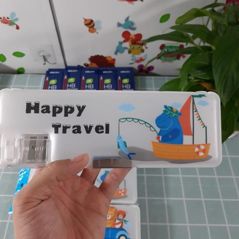 Hộp bút nhựa 2 ngăn kèm gọt bút mẫu HAPPY TRAVEL, hộp đựng bút cho bé