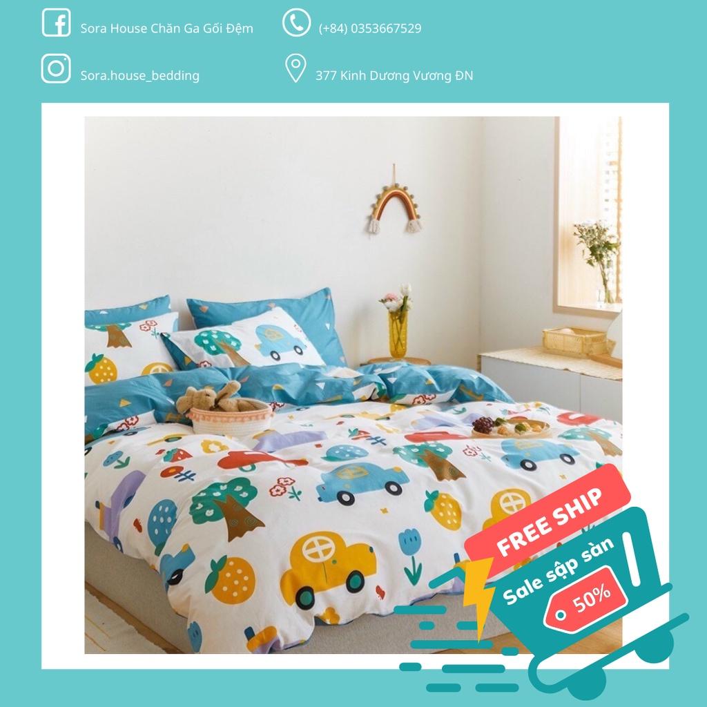 Bộ Chăn Ga Gối Cotton Living Xe Ô Tô Xanh