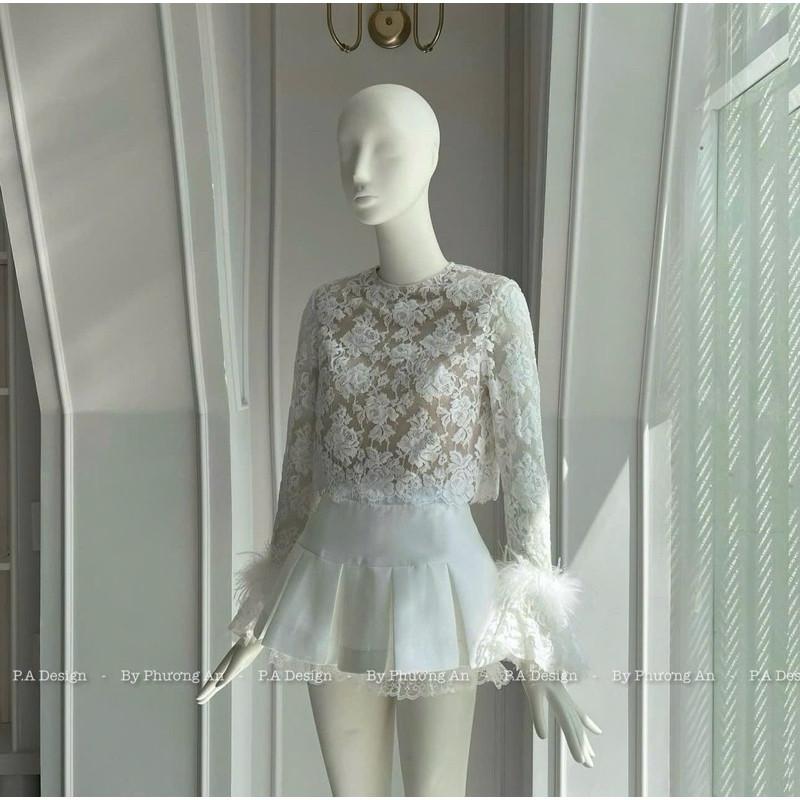 Set áo ren tay lông chân váy xoè tacta phối viền ren xinh PA BY JOLIE - Trắng, Trắng