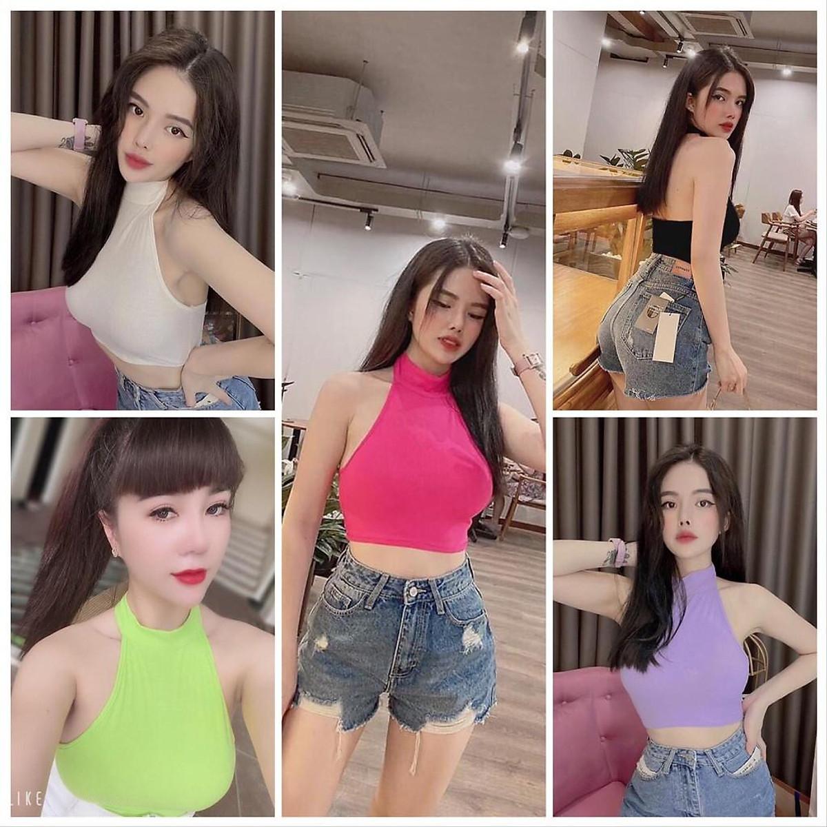 Áo Croptop cổ yếm Hở Lưng Nhiều màu - Xanh