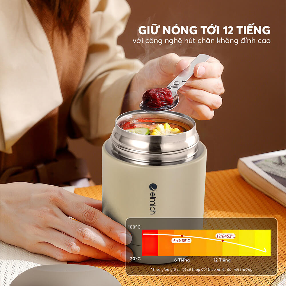 Bình đựng thức ăn giữ nhiệt inox 304 Elmich EL8301 450ml,Hàng chính hãng, nắp phụ đi kèm thìa, dây xách silicone JoyMall