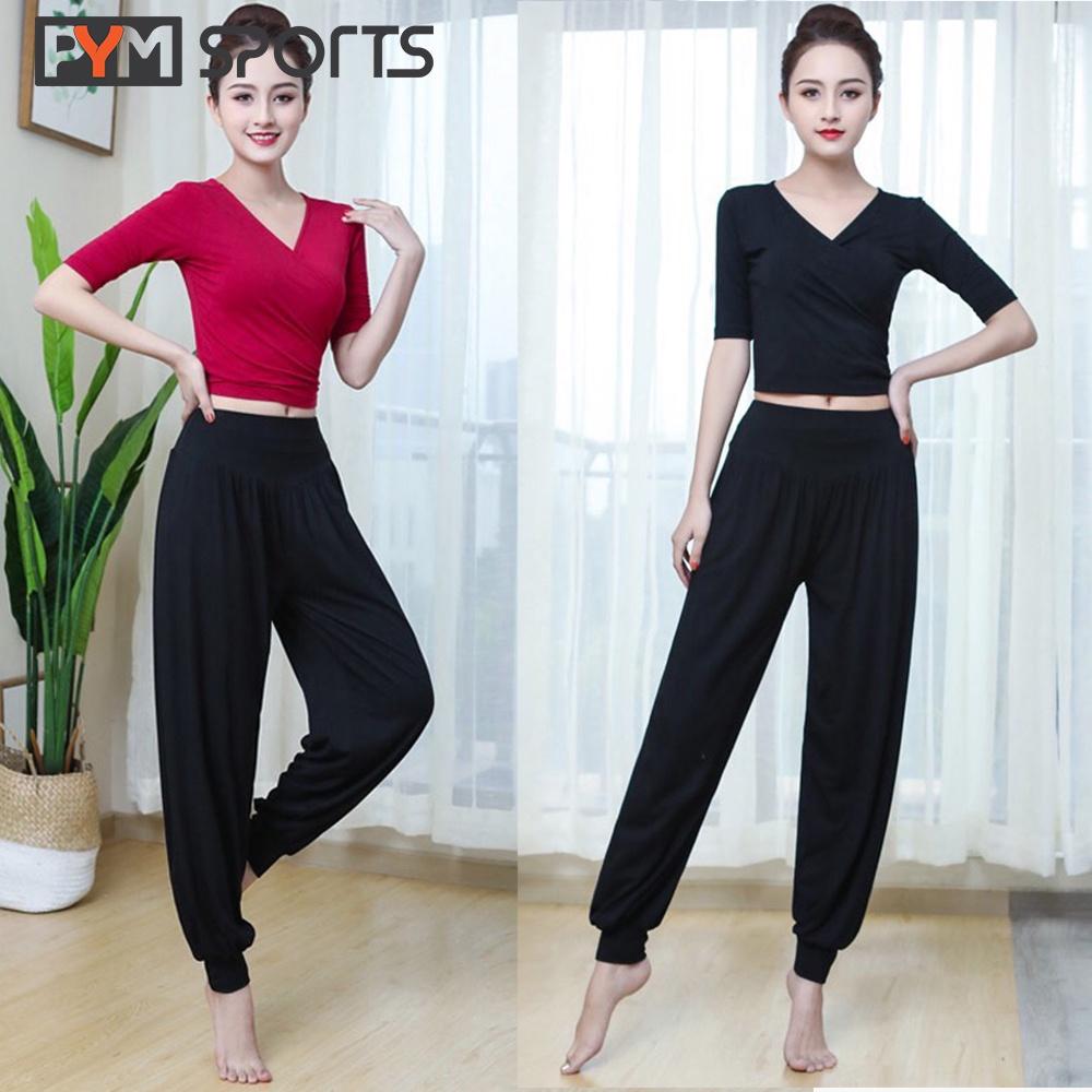 Set đồ tập yoga - tập gym PYM Sports - PYMS005 áo croptop tay lửng buộc vạt sau eo, quần dáng alibaba - 2 màu đen và đỏ