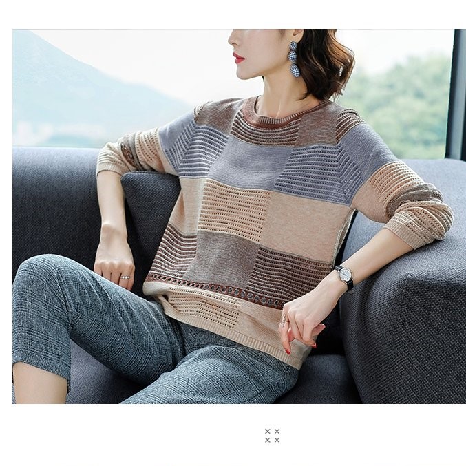 Áo len nữ rộng rãi sọc dài tay áo pull mỏng dệt kim thời trang xuân thu