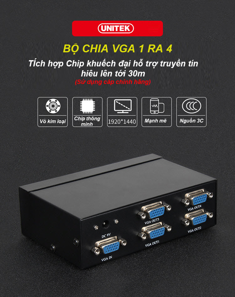 Unitek U8707 - 01 Bộ Chia VGA Unitek 1 ra 4 Hỗ Trợ Độ Phân Giải 1920*1440 @60Hz Khoảng Cách Truyền Xa Lên Tới 30m - Kèm Nguồn AnZ - Hàng Chính Hãng