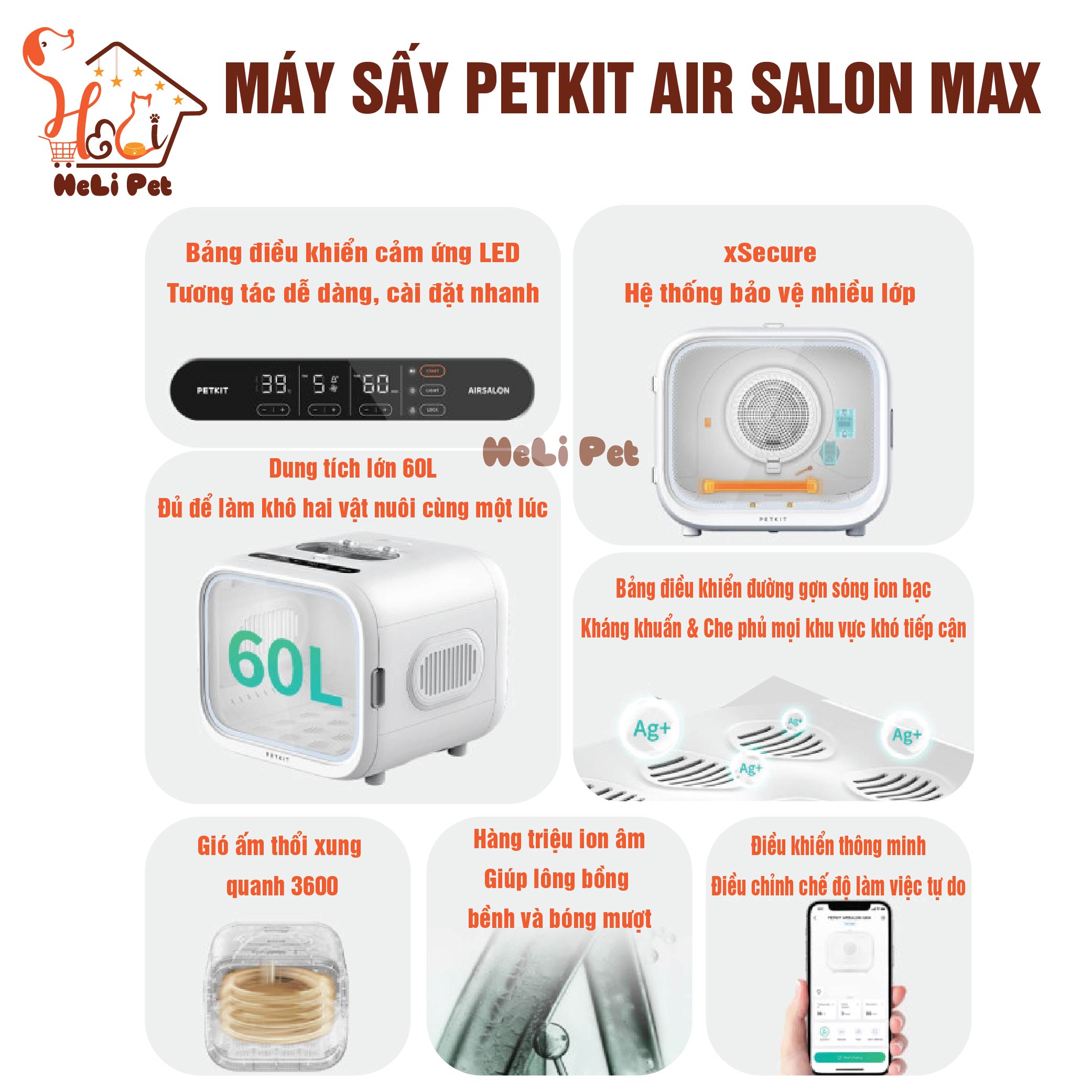 Lồng Sấy Tự Động Cho Chó Mèo, Máy Sấy Cho Chó Mèo Petkit Air Salon Max- HeLiPet