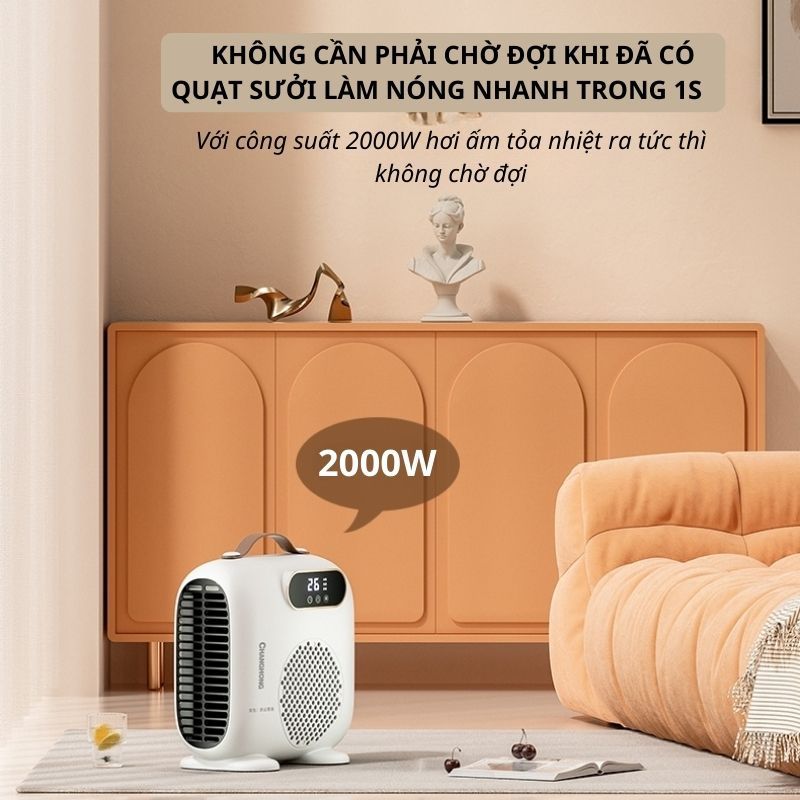 Quạt Sưởi Gốm Mini, Máy Sưởi Changhong 2000W Để Bàn Cao Cấp Làm Ấm Nhanh Sấy Khô Quần Áo Màn Hình Cảm Ứng Có Hẹn Giờ 3 Chế Độ Giúp Giữ Ấm Cơ Thể Chống Cảm Lạnh Trong Mùa Đông - Hàng Chính Hãng