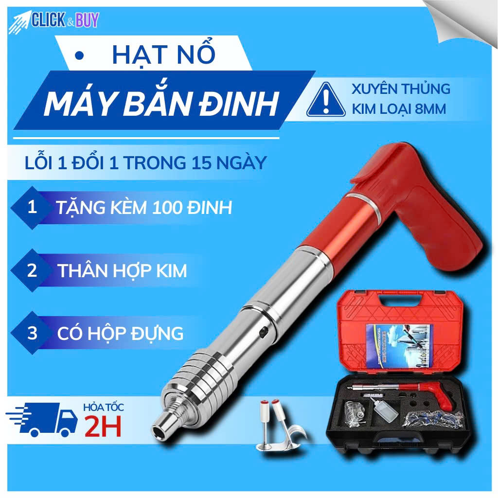 Máy Bắn Đinh Vào Bê Tông Sắt Thép Siêu Mạnh – Có 100 Đinh &amp; Hộp Phụ Kiện, Vỏ Kim Loại Cứng Cáp