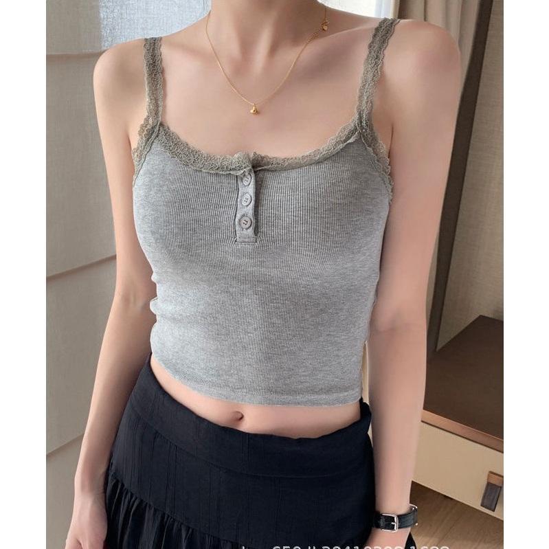 Áo Bra 2 dây VIỀN REN ở cổ và dây, ngực 3 cúc, áo tanktop chất liệu thun gân tăm, cogiãn ôm dáng, hàng QC có đệm ngực, nhiều màu Nữ Women Cotton Dáng Ngắn