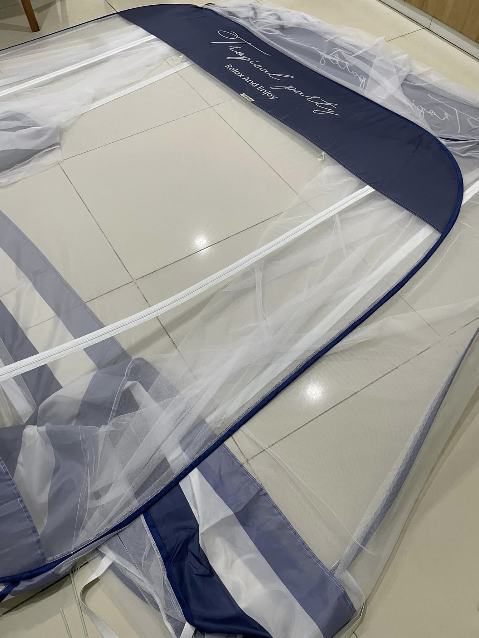 Màn Chụp , Mùng Chụp Cao Cấp Mộc Miên Đỉnh Vuông - Kích Thước 1,8mx2m ( Xanh Xám 3 Đường Kẻ )