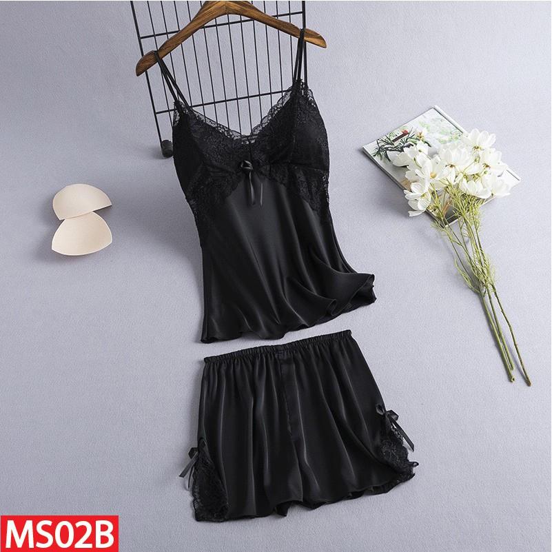 Bộ Đồ Ngủ Hai Dây Hisexy.vn Quần Cộc Lụa Satin Có Mút Ngực Đủ Size Dưới 62Kg MS02