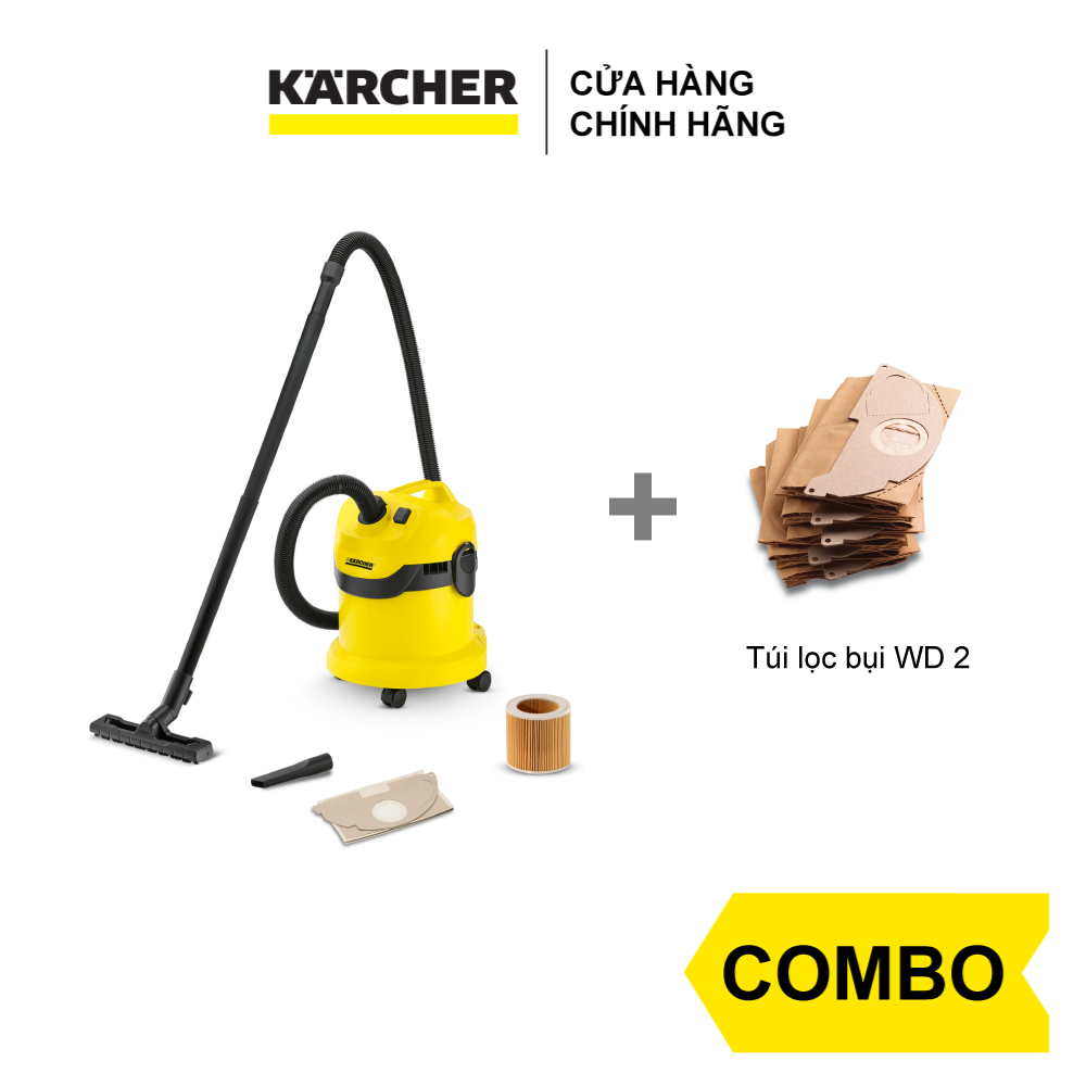 Combo Máy hút bụi khô &amp; ướt cao cấp Karcher WD 2 Cartridge filter và túi lọc bụi - Hàng Chính Hãng