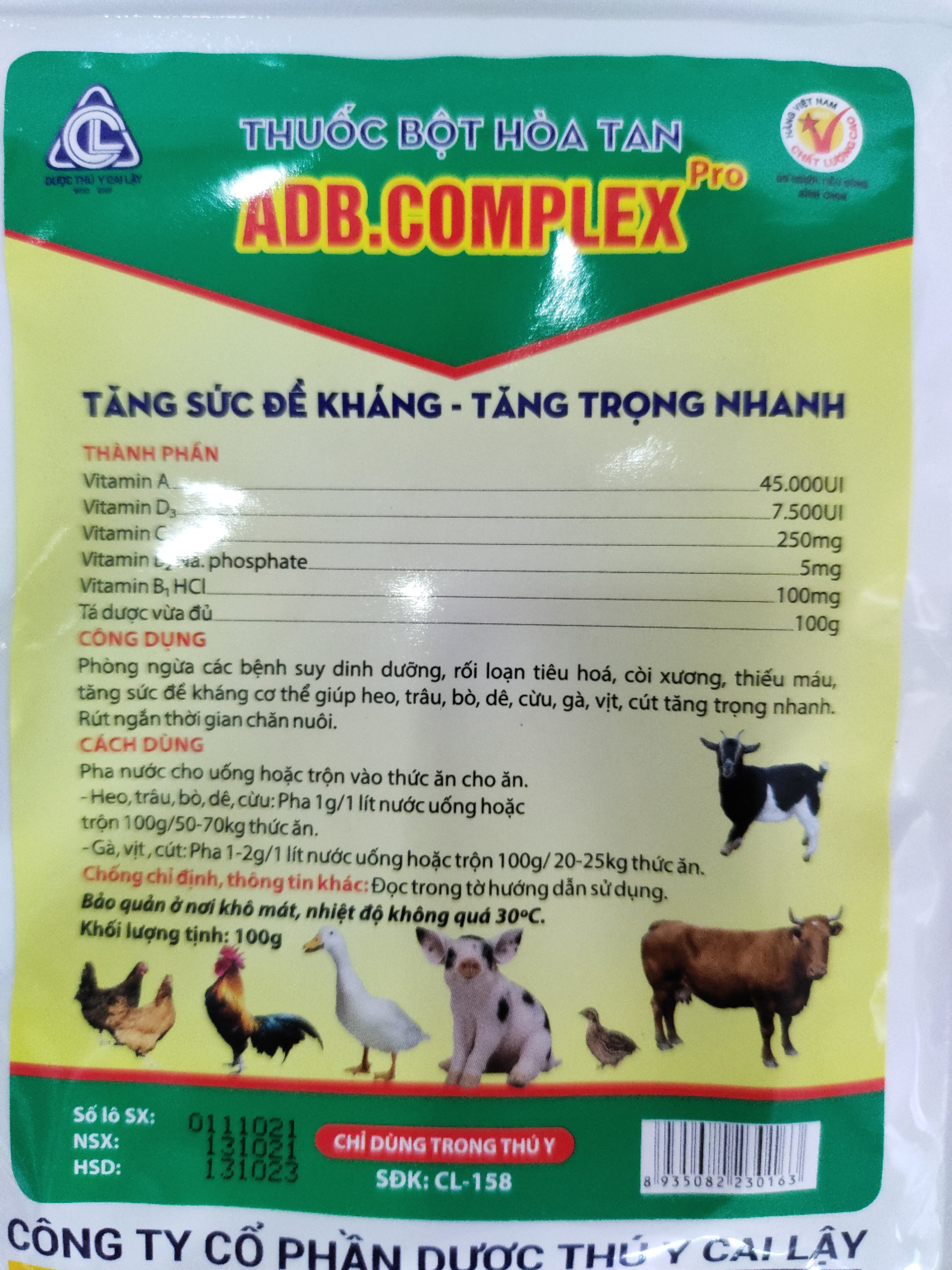 Thuốc bột hoà tan ADB.COMPLEX Pro Phòng ngừa các bệnh suy dinh dưỡng, rối loạn tiêu hoá, còi xương, thiếu máu, tăng sức đề kháng cơ thể giúp gia súc,gia cầm tăng trọng nhanh