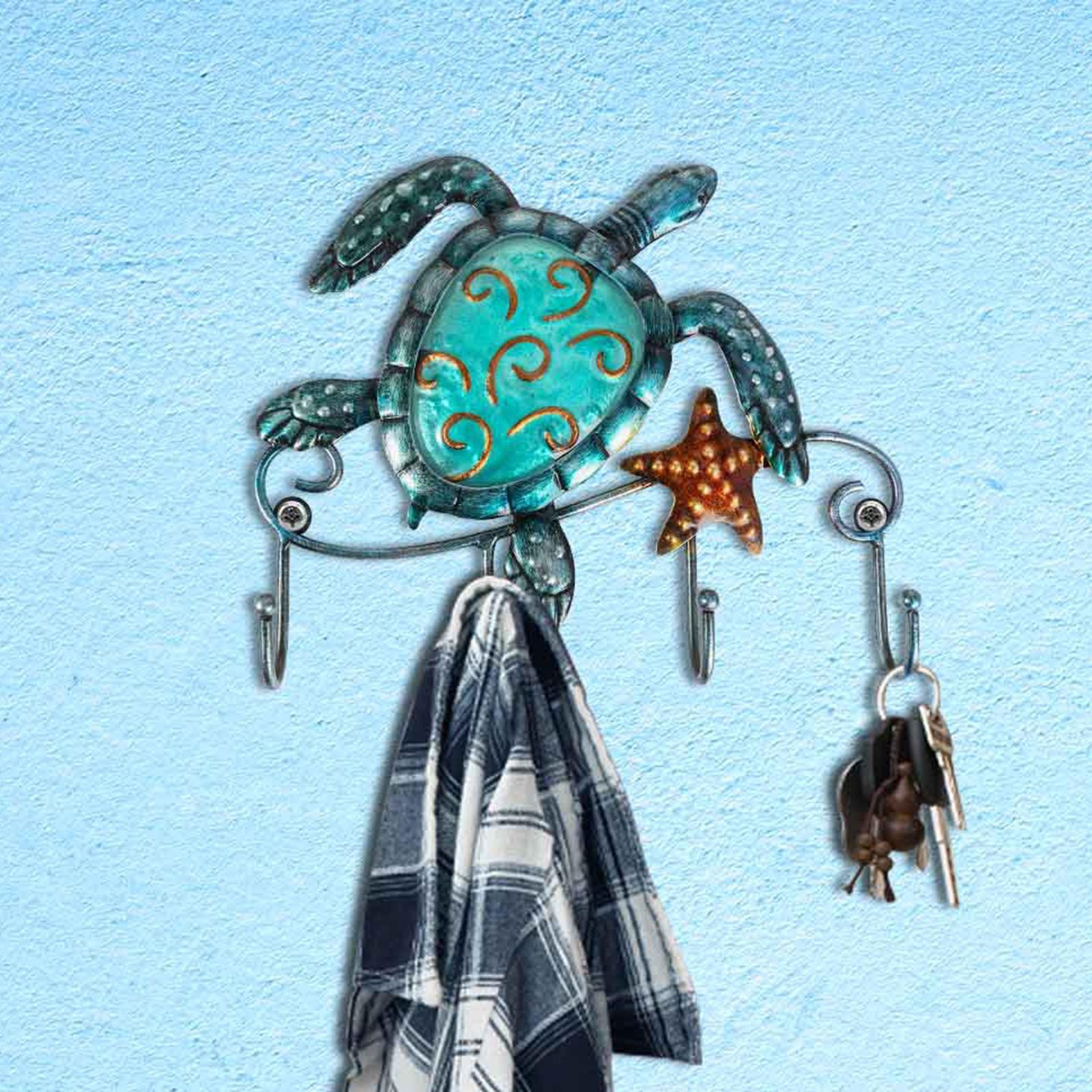 Cast Iron Blue Sea Turtle Coat Hat Key Purse Bag Hanger 4 Hook w/ 2 screws