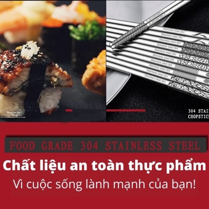 Đũa Inox 304 Kháng Khuẩn Không Trơn Trượt Hoa Văn Tinh Tế  BUGU SK-P02 - Hàng Chính Hãng