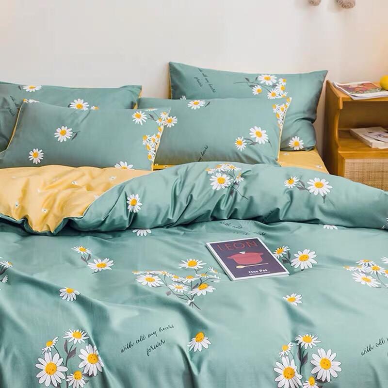 Bộ chăn ga gối Cotton poly M2T bedding Cúc họa mi, vỏ chăn nệm, drap nệm và 2 vỏ gối