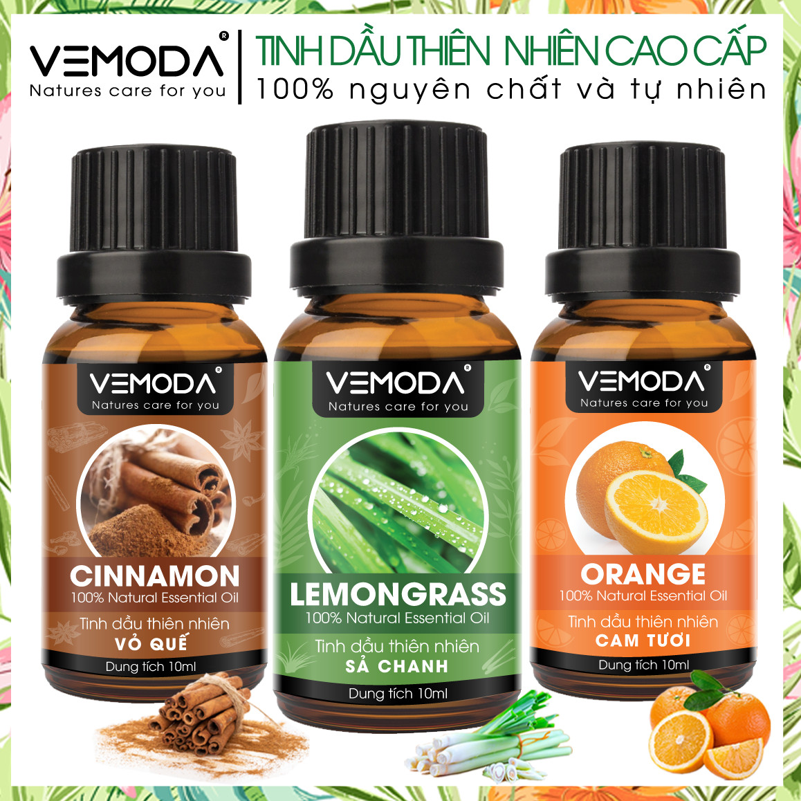 Tinh dầu Xông phòng cao cấp Vemoda gồm Combo 3 lọ tinh dầu: tinh dầu Sả chanh + tinh dầu Vỏ quế + tinh dầu Cam tươi Vemoda