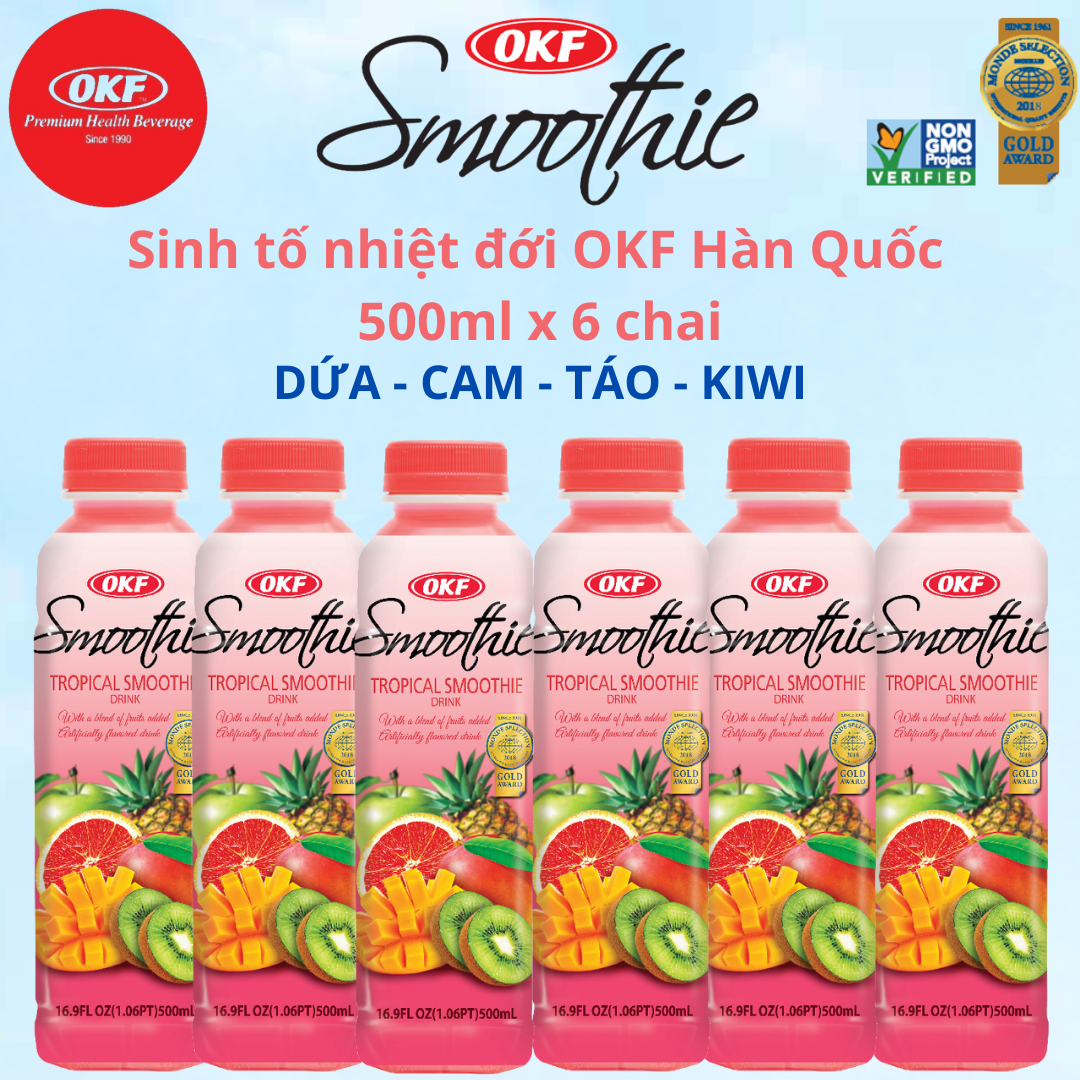 Nước sinh tố trái cây nhiệt đới (DỨA - CAM - TÁO - KIWI) OKF Hàn Quốc 500ml x 6 chai