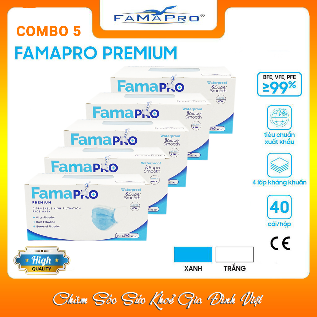 [COMBO 5 Hộp Ưu Đãi] Khẩu Trang Y Tế Kháng Khuẩn Cao Cấp Famapro Premium/Kháng Virus, Bụi, Lọc Khuẩn 99% [Chính Hãng Xuất Khẩu Mỹ Hộp 40 Cái