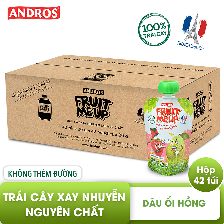 Trái Cây Xay Nhuyễn Nguyên Chất Andros Fruit Me Up  - Dâu Ổi Hồng - Thùng 42 Túi (90g x 42)