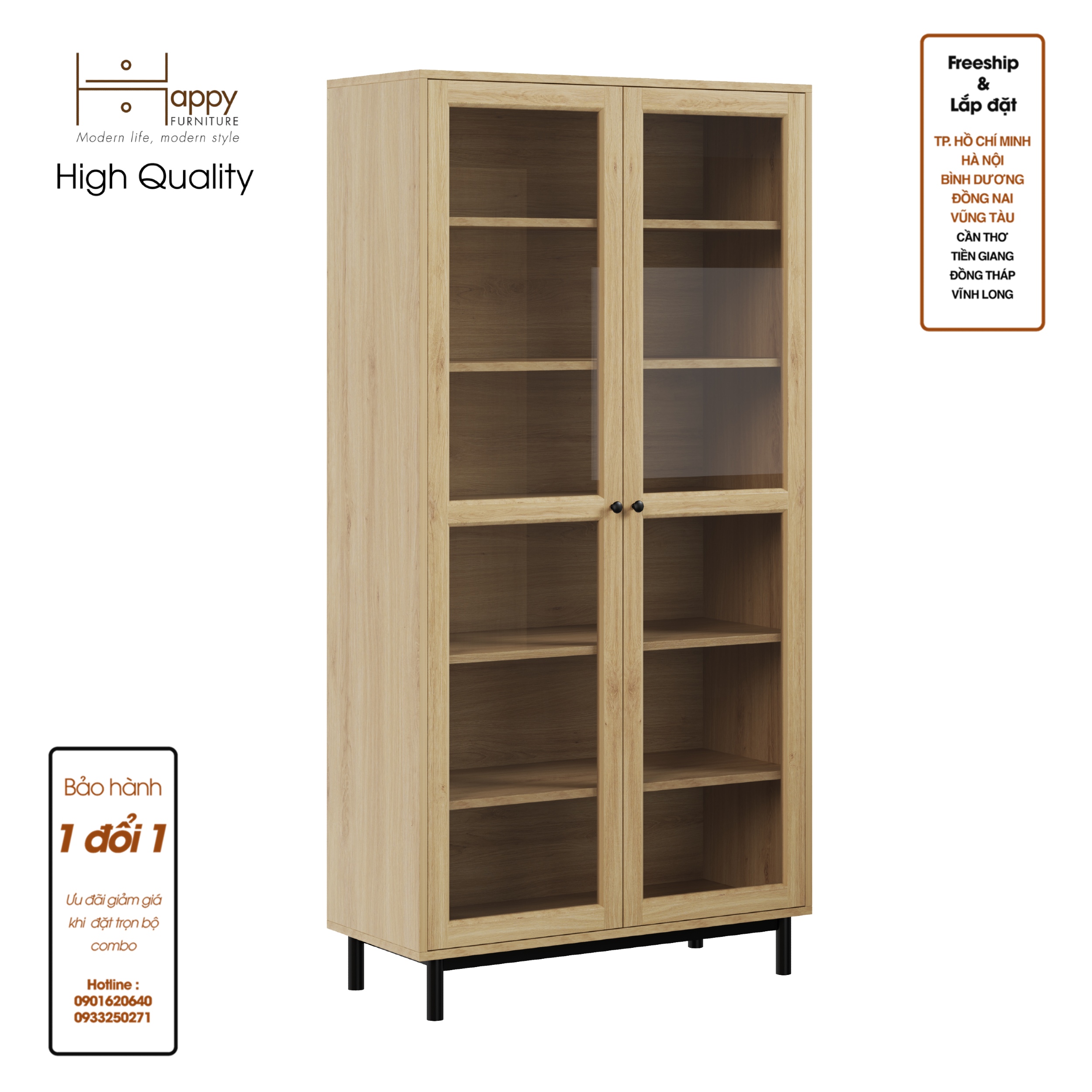 CATY , Kệ sách 6 tầng cửa kính - chân sắt , 90cm x 39cm x 180cm , KSA_021