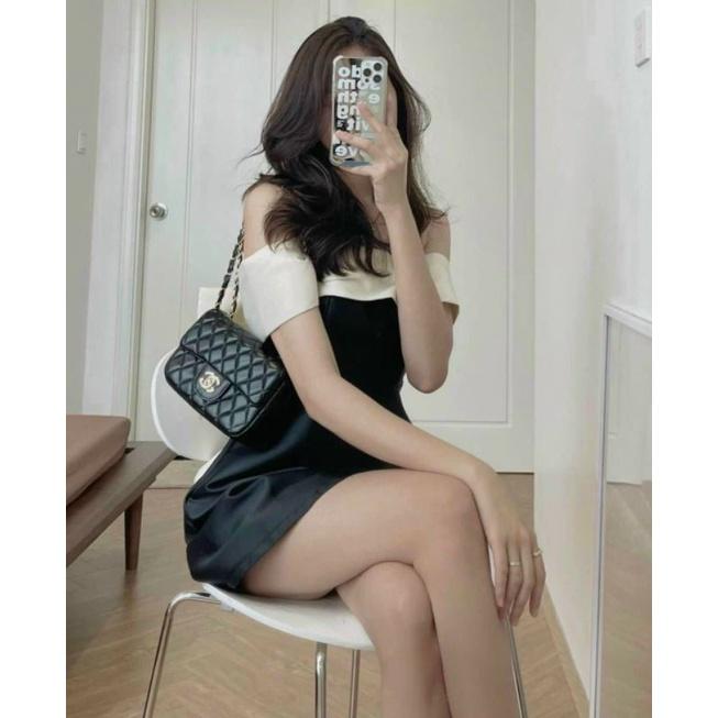 Đầm trễ vai cúp phối nơ lưng to viền trắng Hyzu Dress