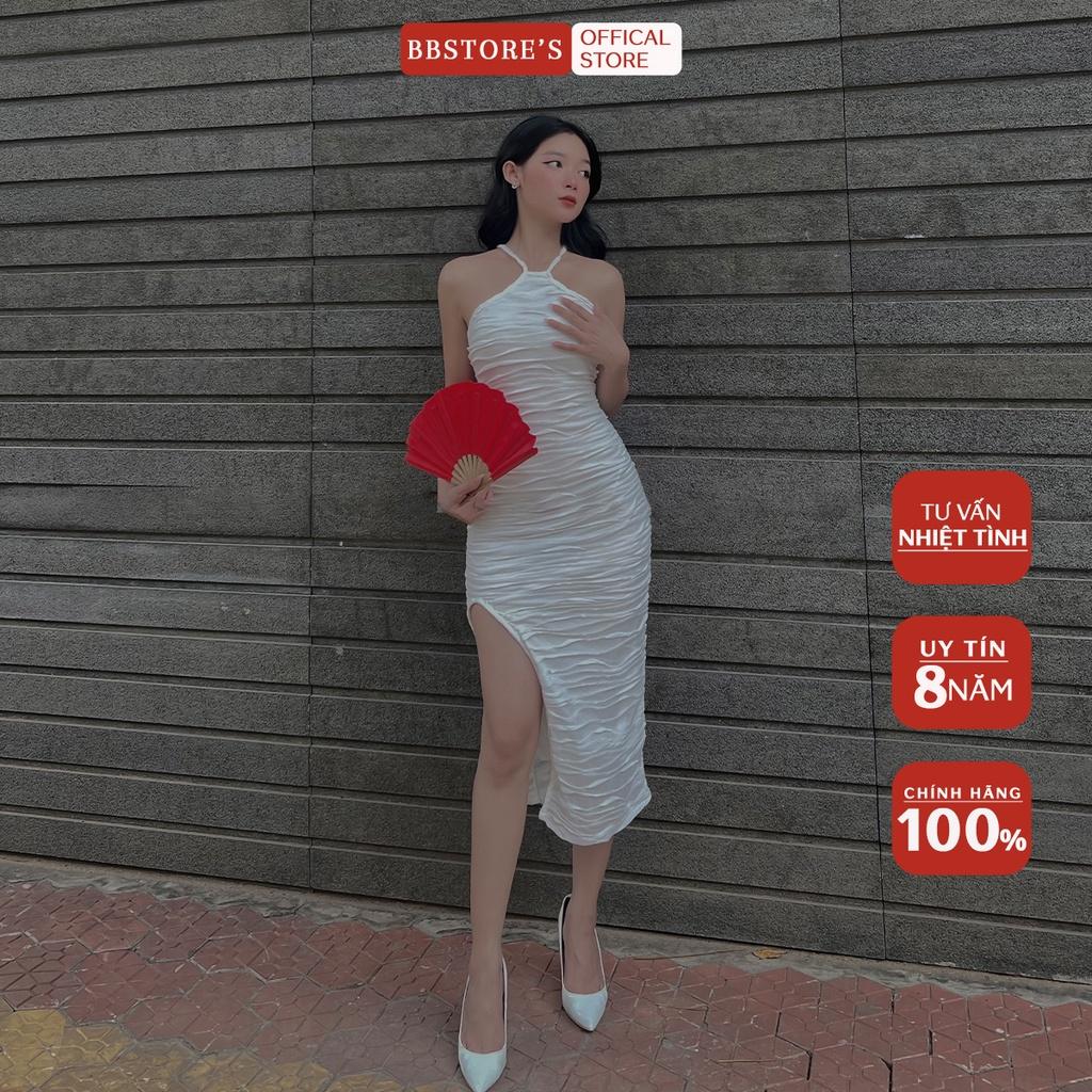 BBSTORE'S Đầm Body Cổ Yếm Xẻ Tà Váy Dài Thun Gợn Sóng Đi Tiệc Siêu Xinh -D952