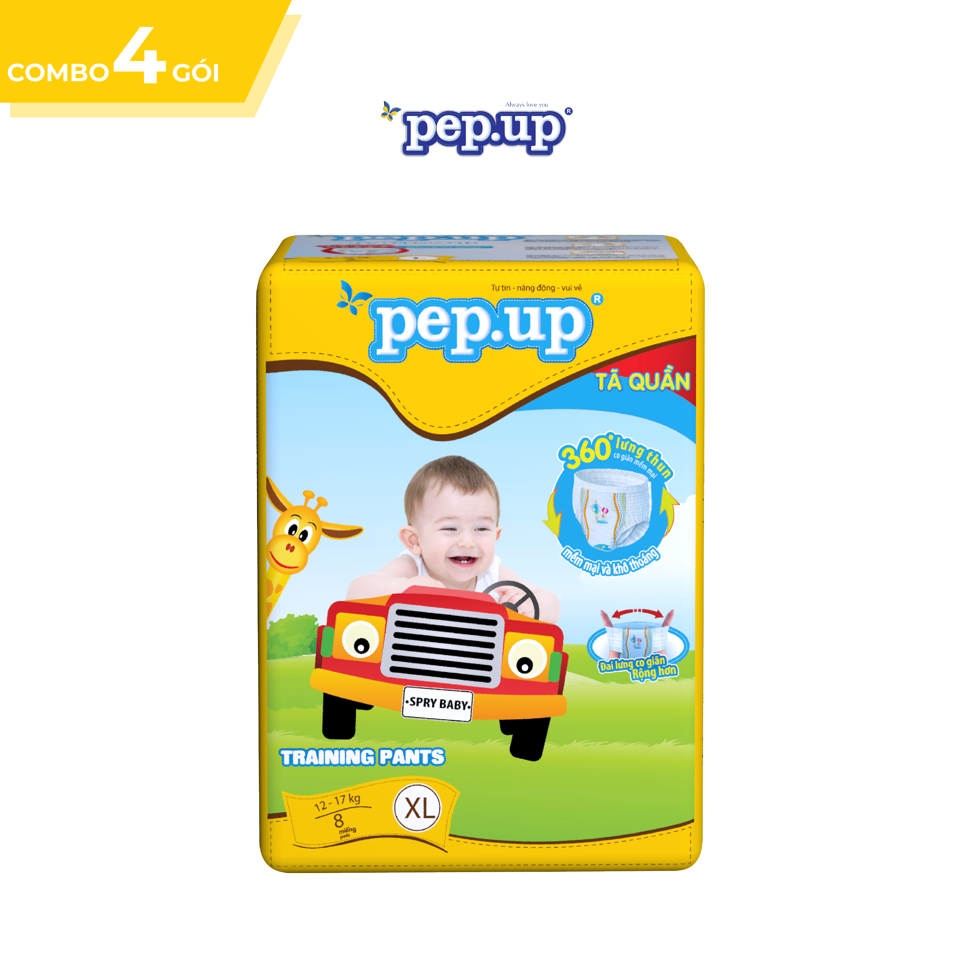 Combo 4 Gói Tã Quần Pep.up Vàng - Size XL (8 Miếng/Gói)