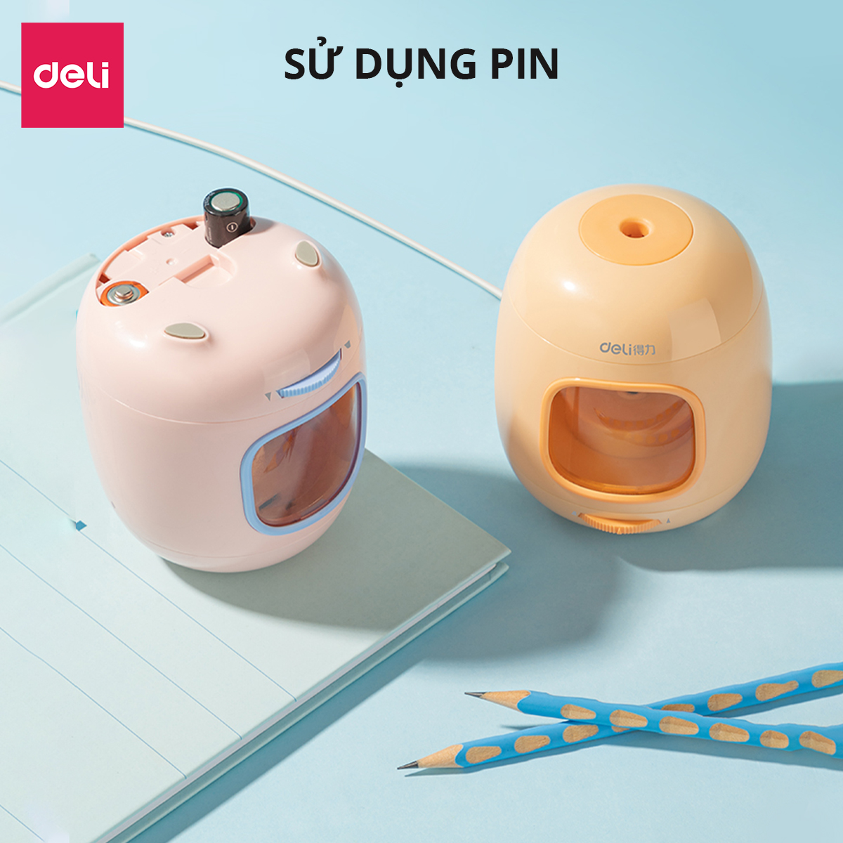 Gọt Bút Chì Điện Tự Động Deli Kèm Sticker Dễ Thương - 3 Chế Độ Tiện Lợi An Toàn Trẻ Nhỏ Học Sinh Văn Phòng Bút Chì Gỗ 2B