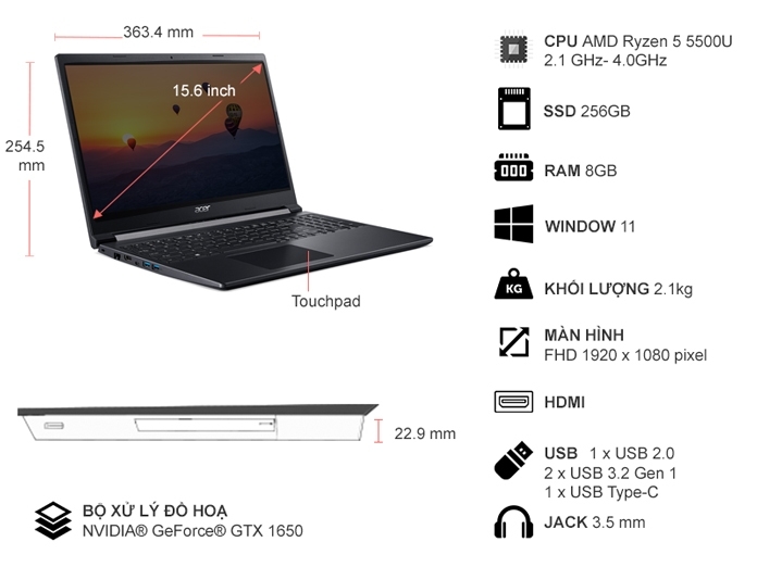 Laptop Acer Aspire 7 A715-42G-R4XX R5-5500U/8GB/256GB/Win11 (NH.QAYSV.008)