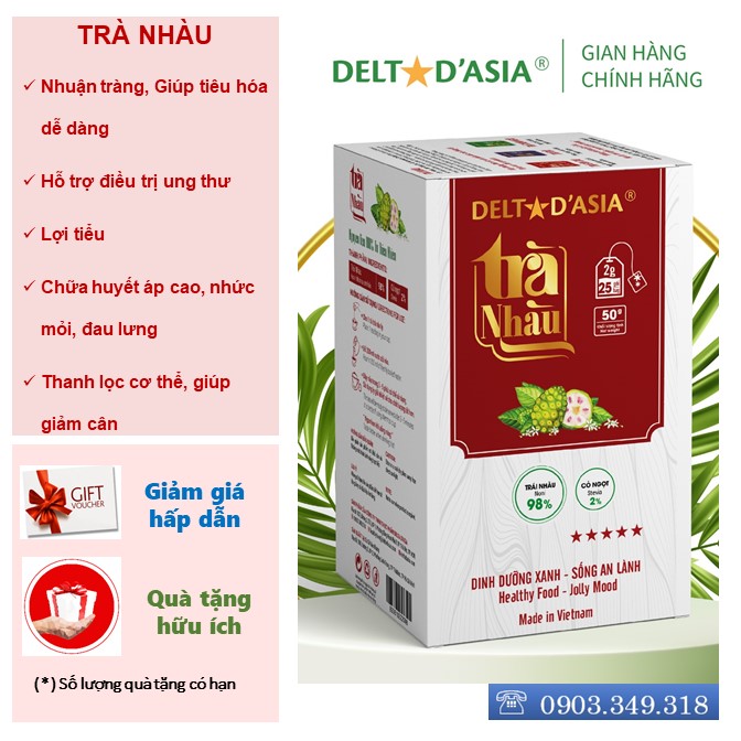 TRÀ NHÀU Hộp – Delta D'Asia Điều hoà huyết áp, nhức mỏi, đau lưng (25 túi x 2 g)