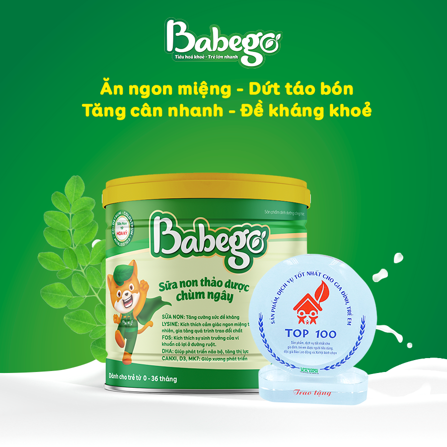 Sữa non thảo dược chùm ngây Babego 342gram cải thiện biếng ăn, táo bón, chậm tăng cân, hay ốm vặt - Dòng Cao Cấp