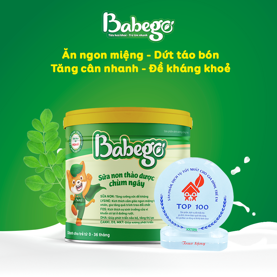 [Tặng bộ ô tô đồ chơi] Sữa non thảo dược chùm ngây Babego 342gram cải thiện biếng ăn, táo bón, chậm tăng cân, hay ốm vặt - Dòng Cao Cấp