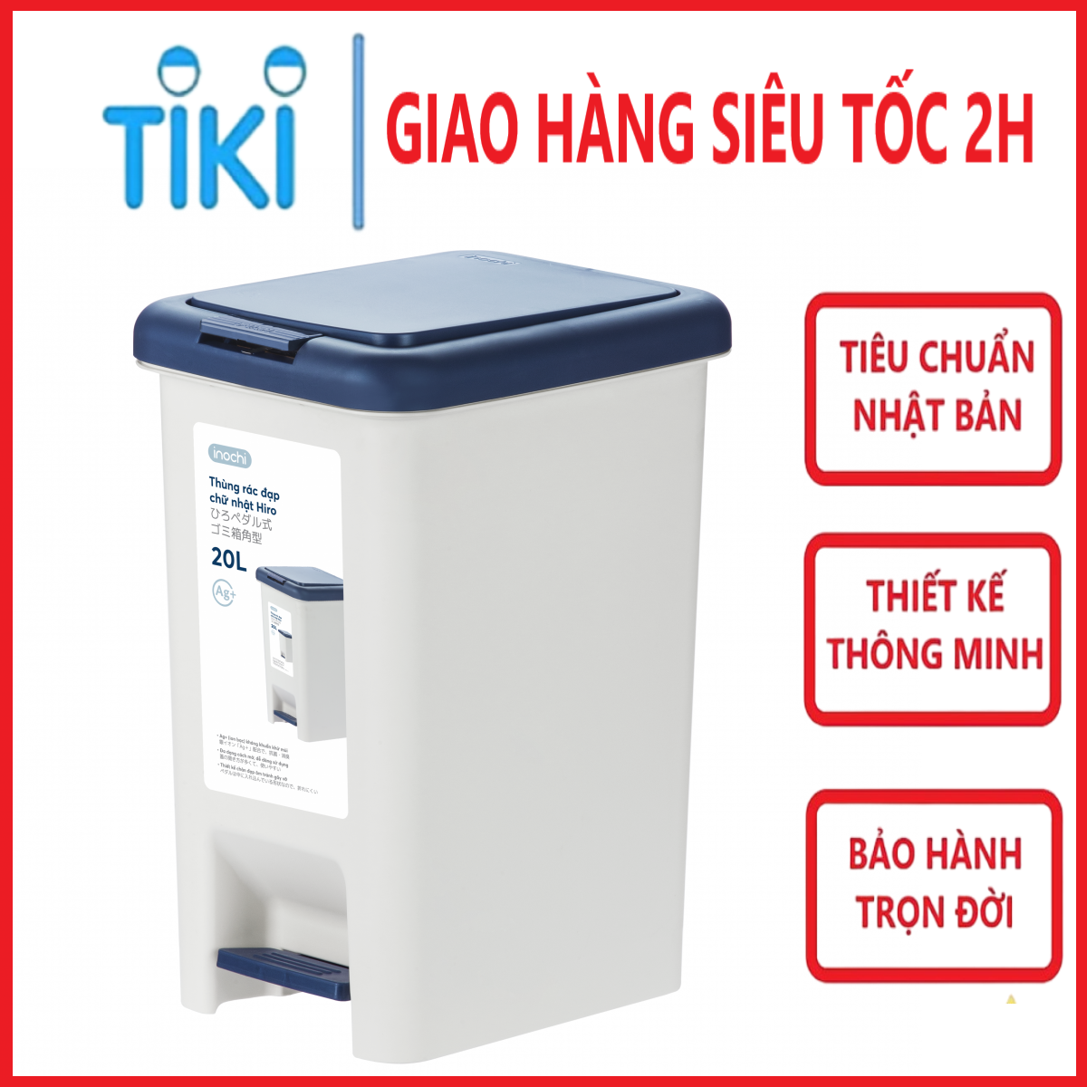 Thùng Rác Nhựa Cao Cấp Đạp Chân Nắp Đậy Chữ Nhật Inochi 20 Lít - (252 x 339 x 434 mm)