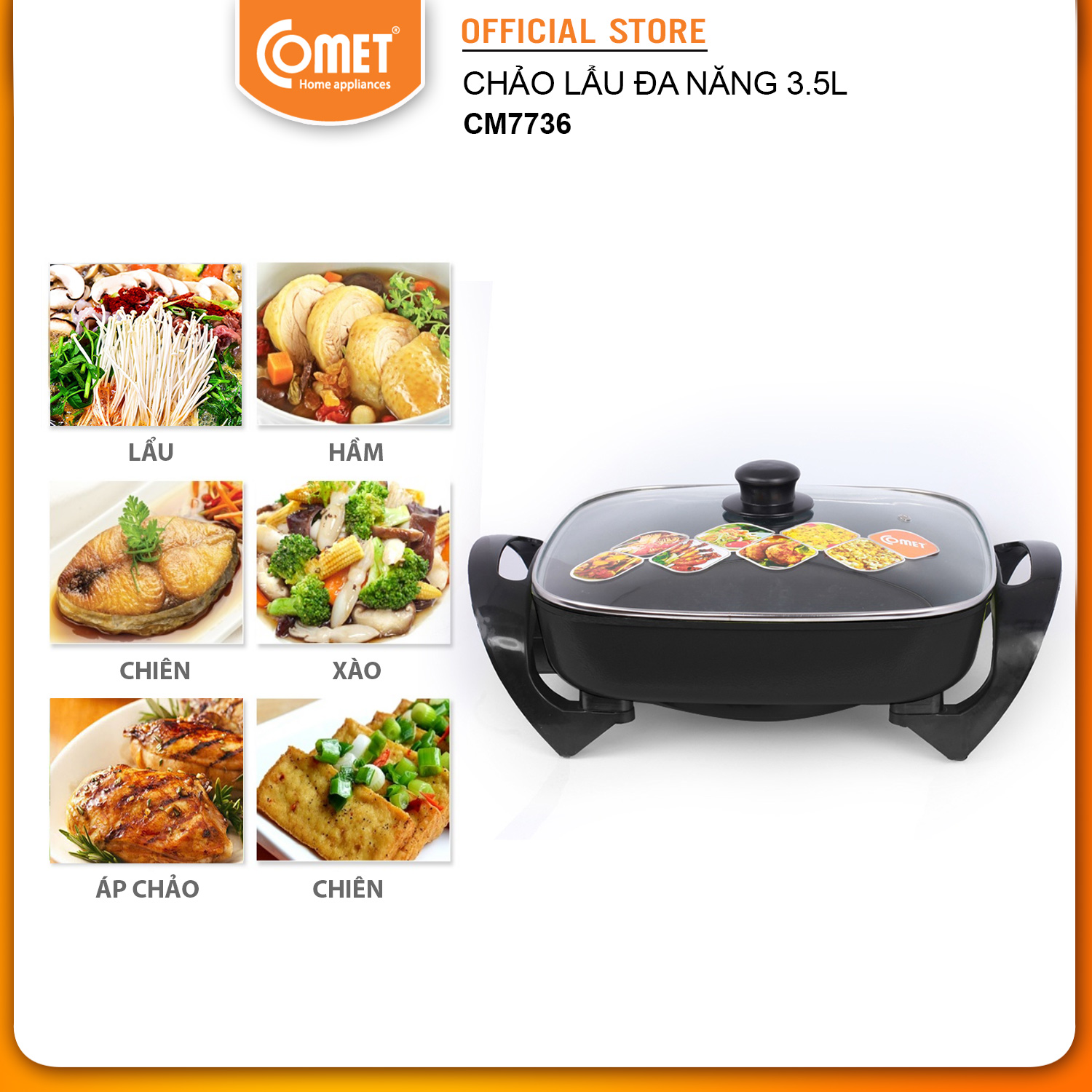 Nồi Lẩu Điện Đa Năng Comet CM7736 - Đen - Hàng Chính Hãng