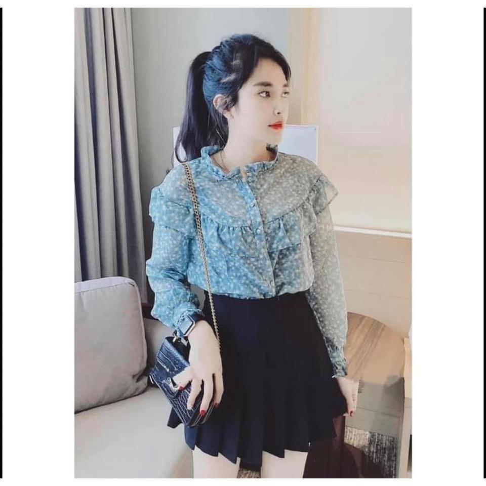 ÁO SƠ MI HOA XANH BÈO VAI KHUY BỌC - DRA0031
