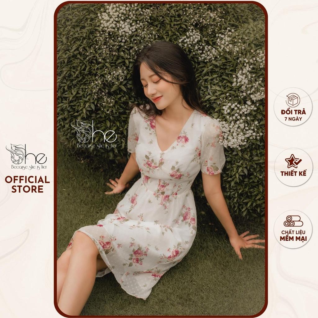 Váy nữ hoa voan đẹp She, đầm váy cổ tim 3 nút dáng A thời trang nữ SDX116