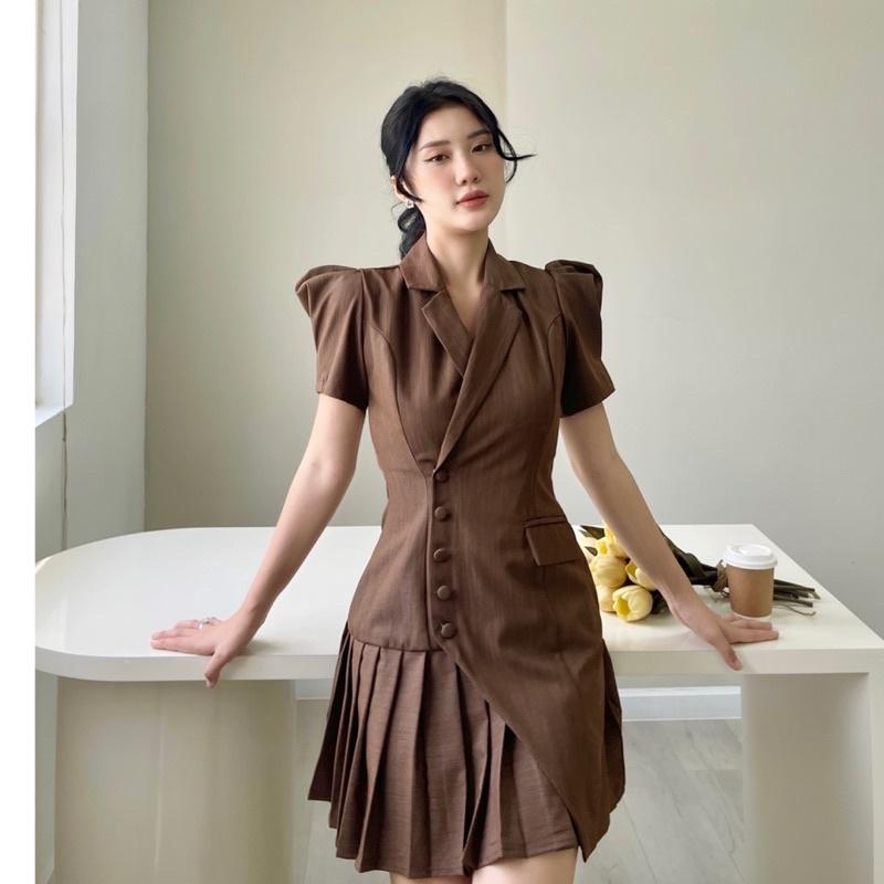 MINA DRESS Đầm vest xếp li nút bọc