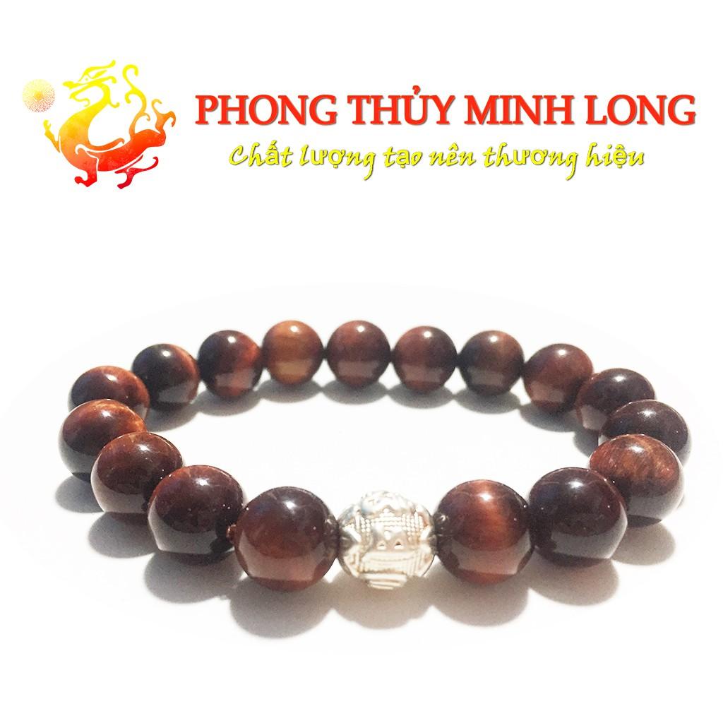 Vòng tay đá mắt hổ Đỏ Nâu chất lượng 5A mix 1 hạt Kim Tiền Bạc hợp mệnh Hỏa và Thổ