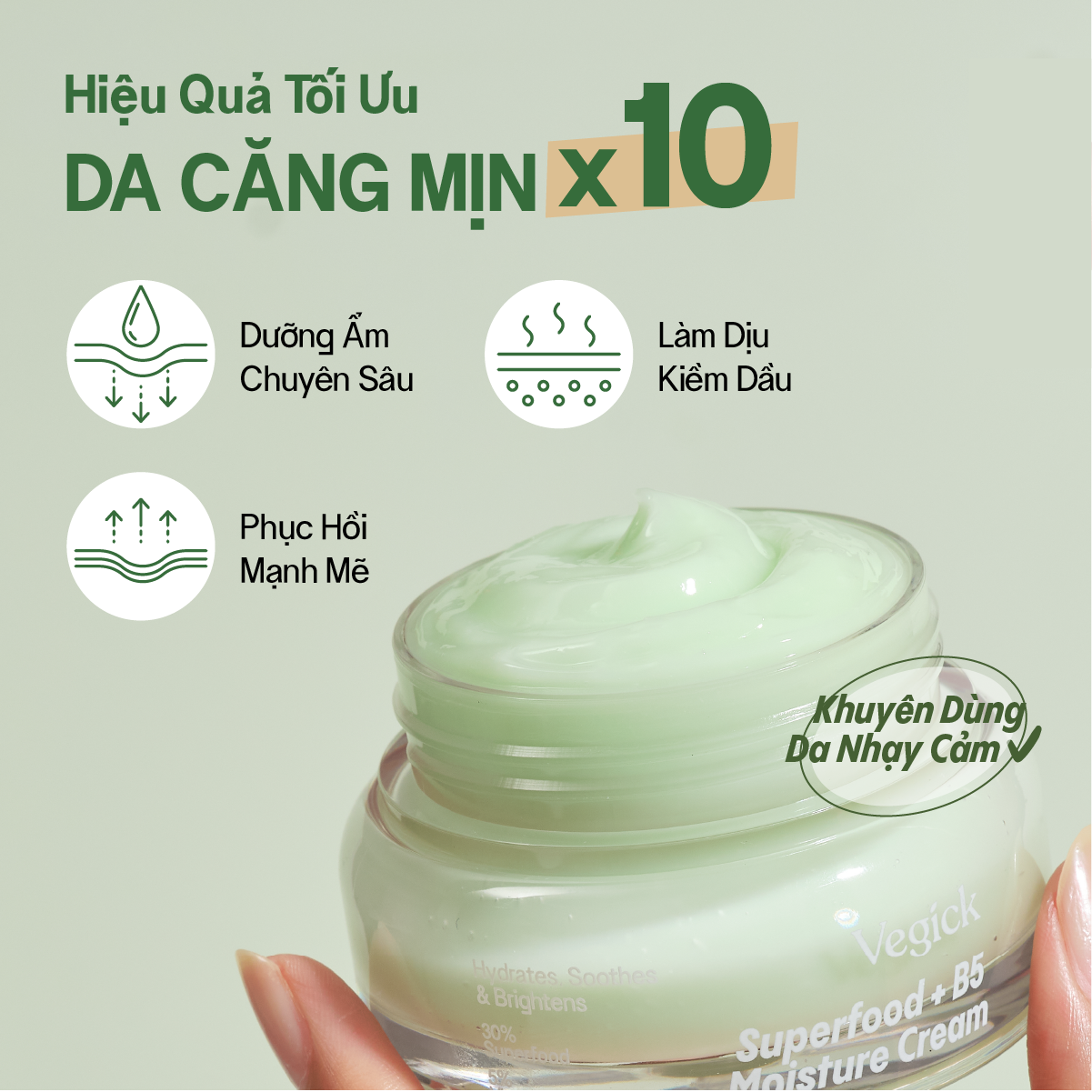 Kem Dưỡng Ẩm Thuần Chay Siêu Phục Hồi Da Nhạy Cảm Vegick Superfood + B5 Moisture Cream 50ml