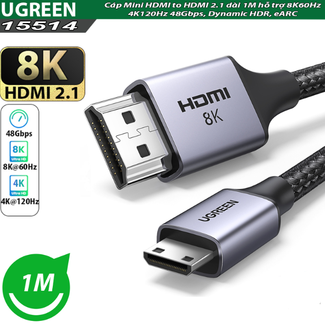 Cáp chuyển đổi Mini HDMI sang HDMI 2.1 dài 1M Ugreen 15514 hỗ trợ 8K@60Hz 4K@144Hz 48Gbps - Hàng chính hãng