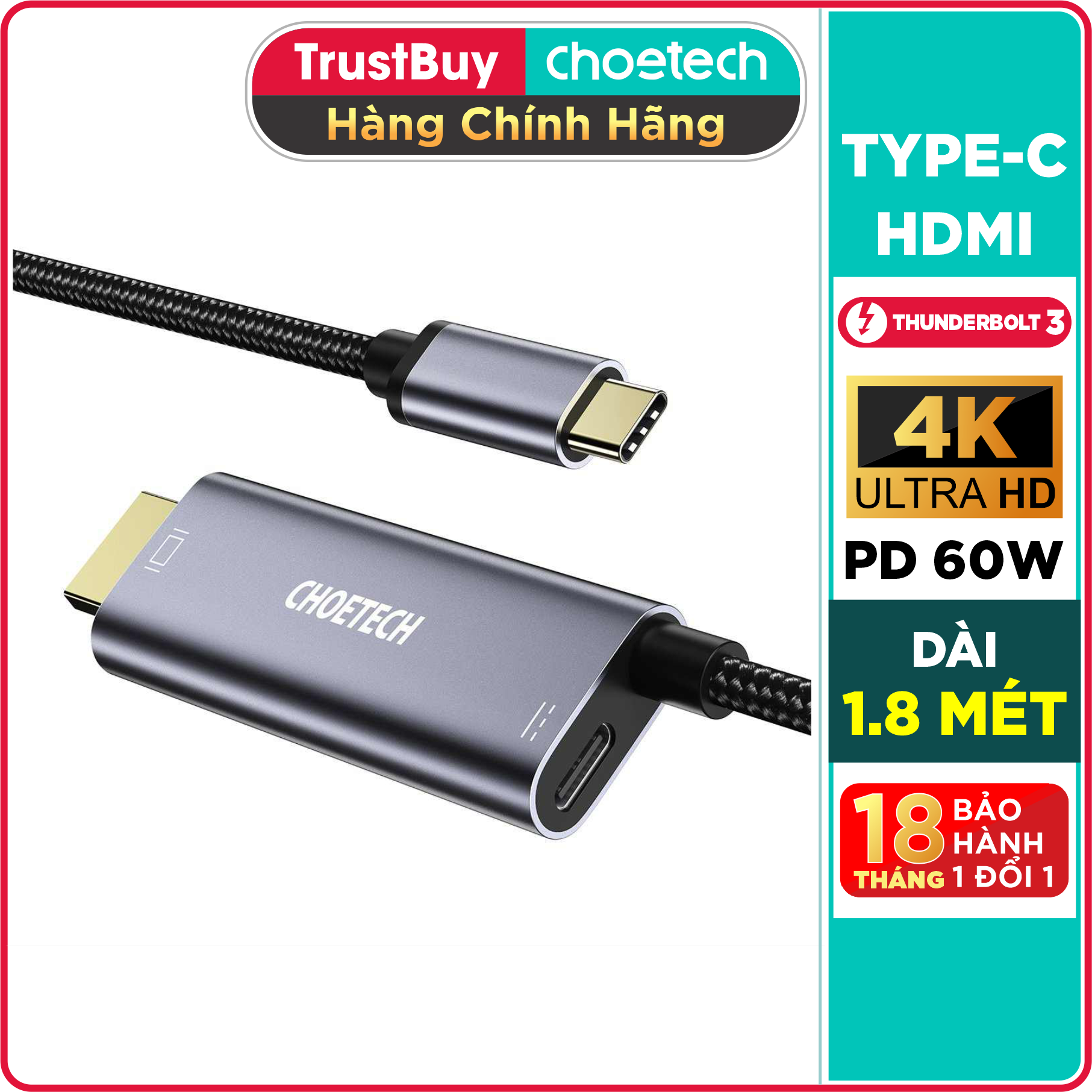 Dây Cáp Chuyển Đổi Type C To HDMI 4K 60Hz CHOETECH XCH-M180 Dây Nylon Dài 1.8M, Tương Thích Thunderbolt 3 Dành Cho Macbook, Kèm Cổng Type C Sạc Nhanh 60W - Hàng Chính Hãng