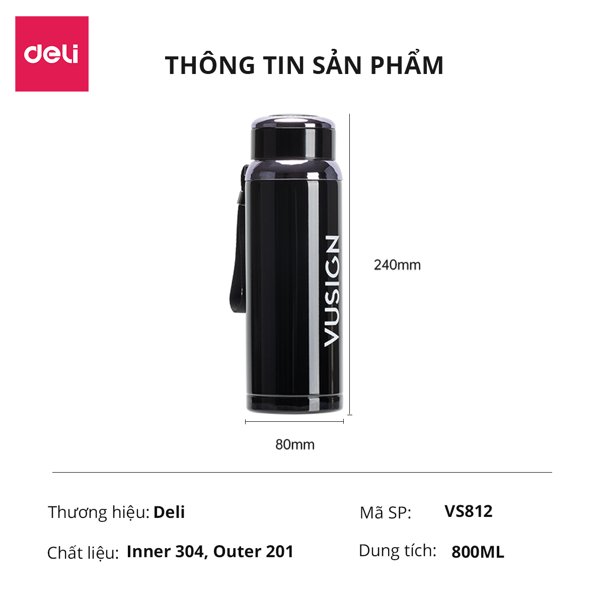 Bình Giữ Nhiệt Inox 304 Không Gỉ Có Khay Lọc Trà Deli - Chất Liệu An Toàn - Thiết Kế Sang Trọng, Màu Sắc Thanh Lịch, Tiện Lợi, Pha Trà Cà Phê Giữ Nóng Lạnh - Hàng Chính Hãng - VS812 VS814