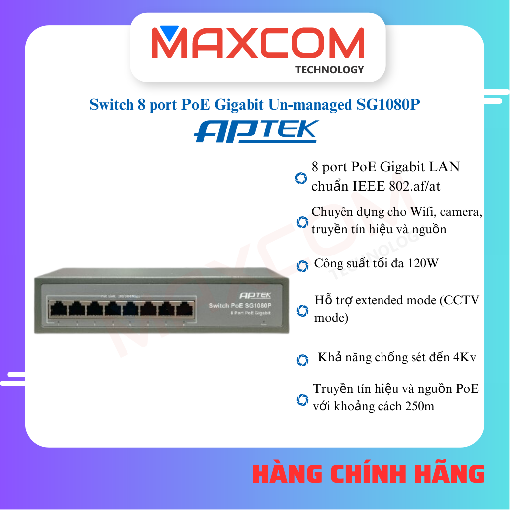 Switch APTEK SG1080P 8 port POE Gigabit - Hàng chính hãng