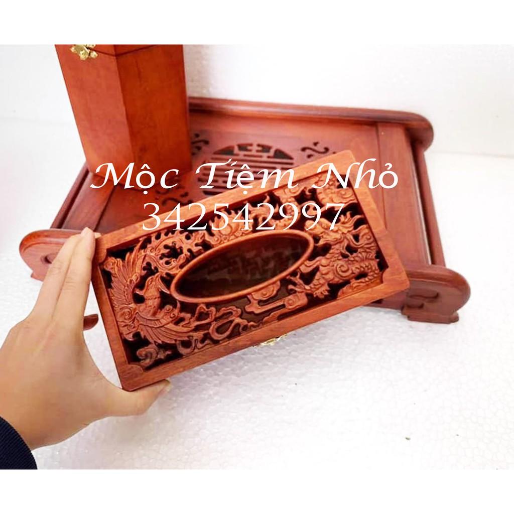 Combo 5 món Khay trà,Gạt tàn rồng,Hộp chè chữ phúc,Ống tăm bầu,Hộp giấy ăn long phụng gỗ hương giá rẻ