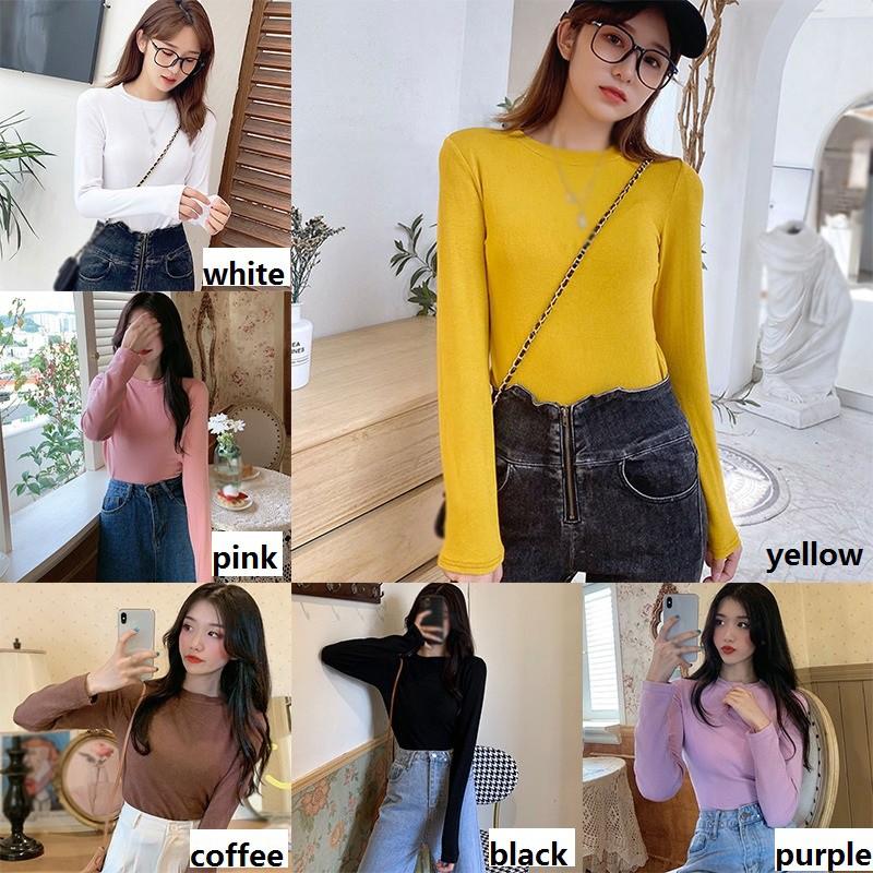 Áo Thun Tay Dài Cổ Tròn Màu Trơn Thiết Kế Đơn Giản Dành Cho Nữ