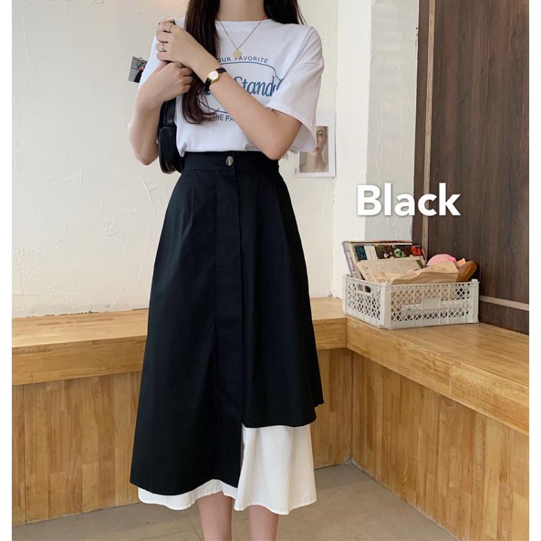 Chân váy dài ulzzang xòe vạt lệch phối đen trắng - Chân váy nữ phối 2 màu cạp cao ulzzang Hàn Quốc