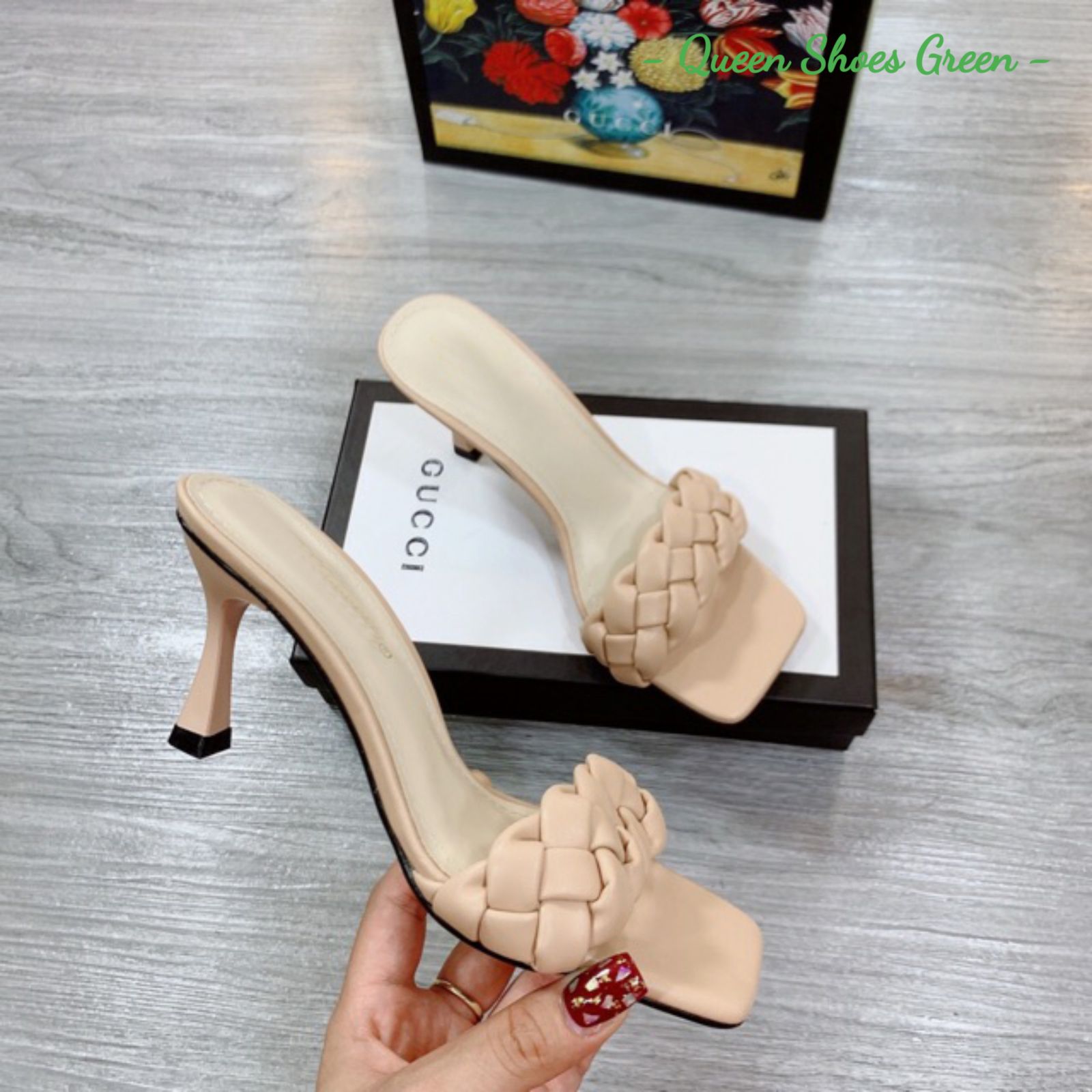 Giày cao gót nữ gót nhọn 7 phân quai tết đan phồng, dép sandal quai tết lót da êm ái kiểu dáng thời trang size 35 đến 39