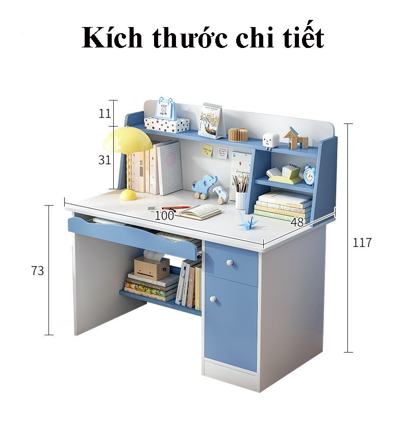 Bàn học sinh kích thước nhỏ màu sắc tươi sáng gỗ mdf cao cấp, bàn máy tính làm việc liền kệ sách trên bàn tiện lợi