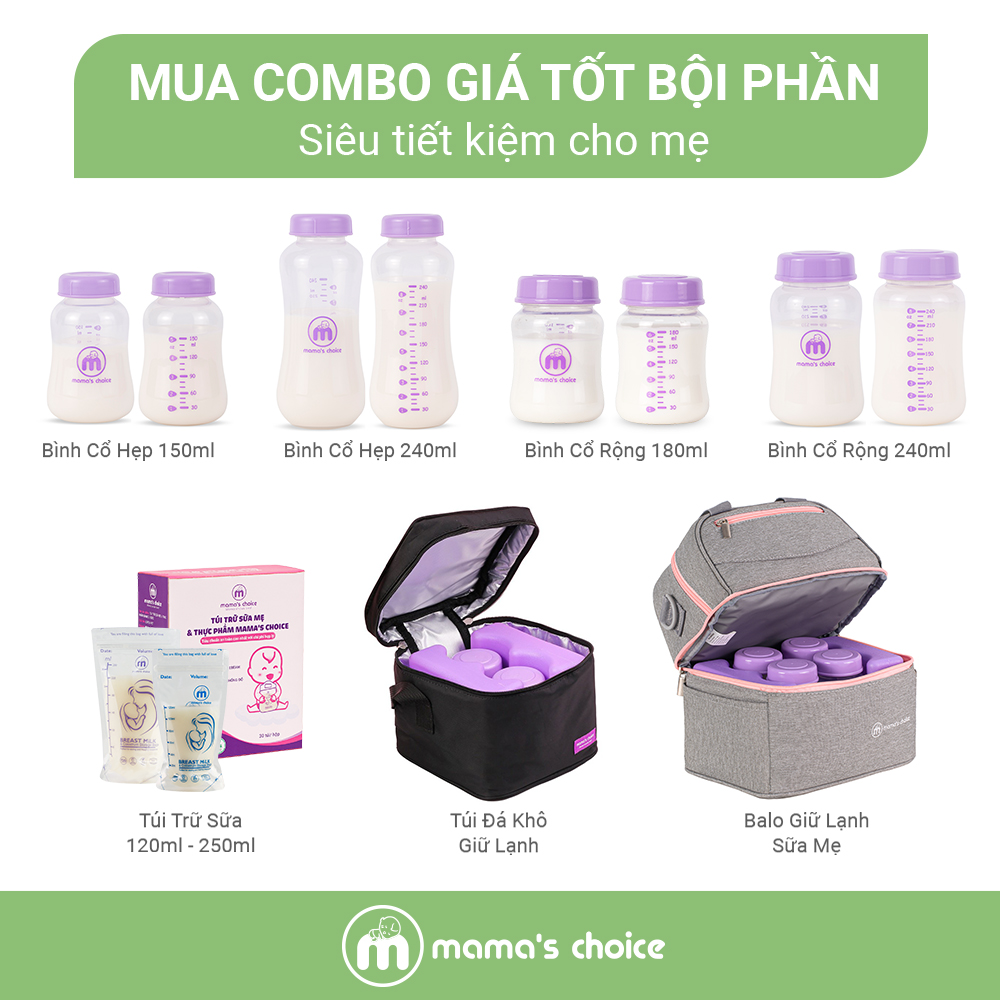 Bình Trữ Sữa Cổ Rộng Mama's Choice 180ml–240ml, Tương Thích Máy Hút Sữa Spectra, Avent, Fatz, Rozabi, Cimilre